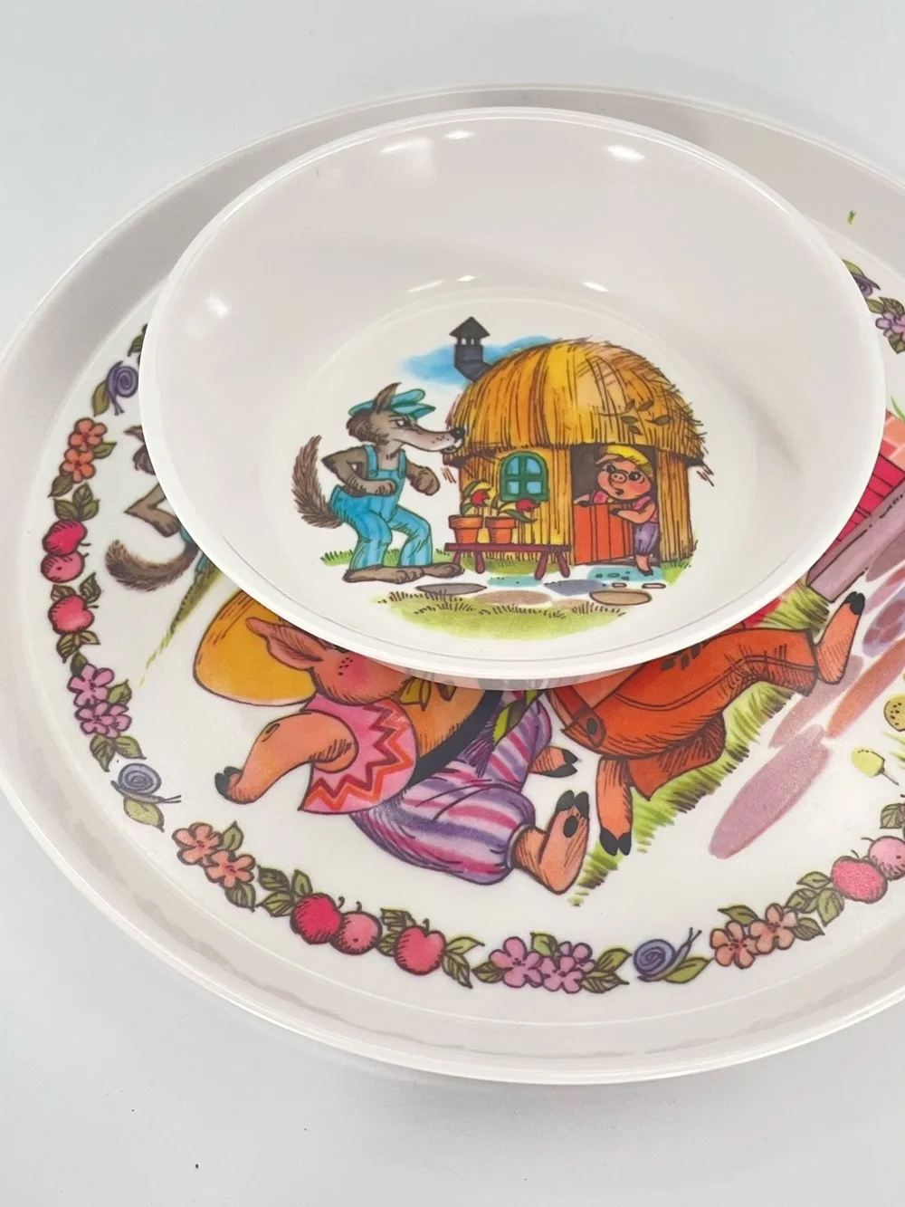 Vintage Oneida Deluxe 3 Pc Melamine Three Little Pigs Child Dinner Set Story